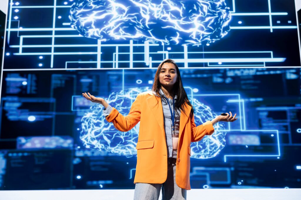 Portrait of CEO promoting artificial intelligence services at at expo